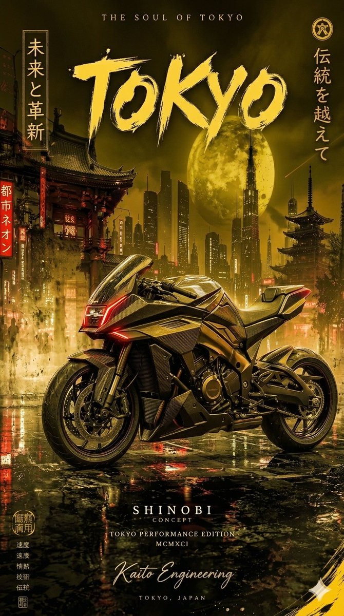 这四幅图像描绘了一辆未来感的碳纤维运动摩托车，背景为夜晚雨后湿漉漉的、霓虹灯闪烁的日本城市景观。该系列以垂直海报的形式展示一款"Shinobi Concept"（忍者概念）摩托车…