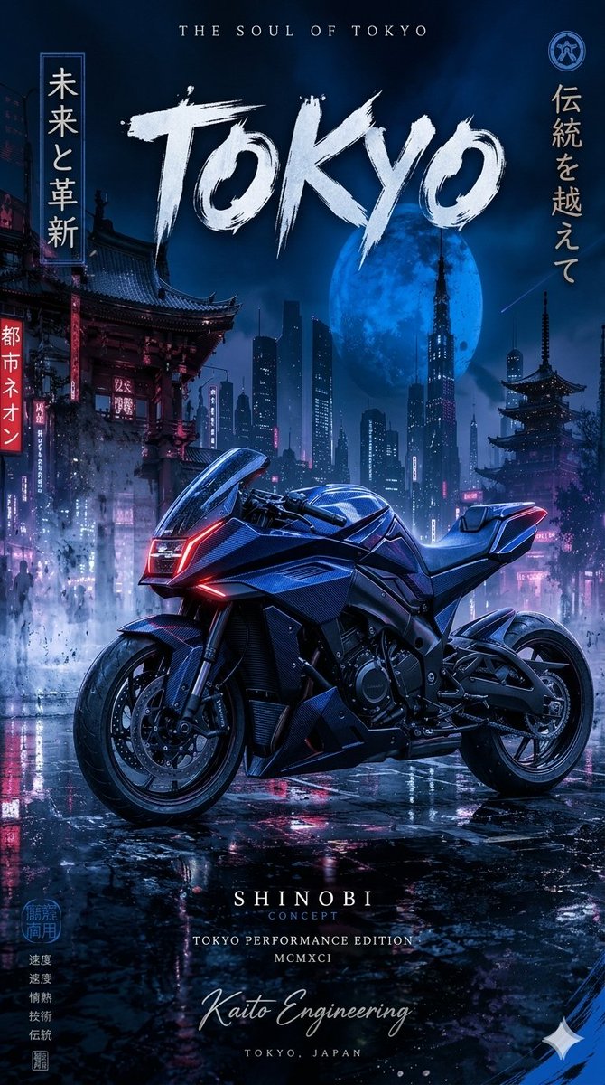 这四幅图像描绘了一辆未来感的碳纤维运动摩托车，背景为夜晚雨后湿漉漉的、霓虹灯闪烁的日本城市景观。该系列以垂直海报的形式展示一款"Shinobi Concept"（忍者概念）摩托车…