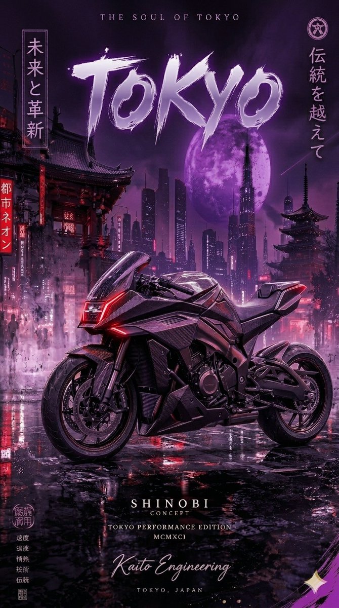 这四幅图像描绘了一辆未来感的碳纤维运动摩托车，背景为夜晚雨后湿漉漉的、霓虹灯闪烁的日本城市景观。该系列以垂直海报的形式展示一款"Shinobi Concept"（忍者概念）摩托车…