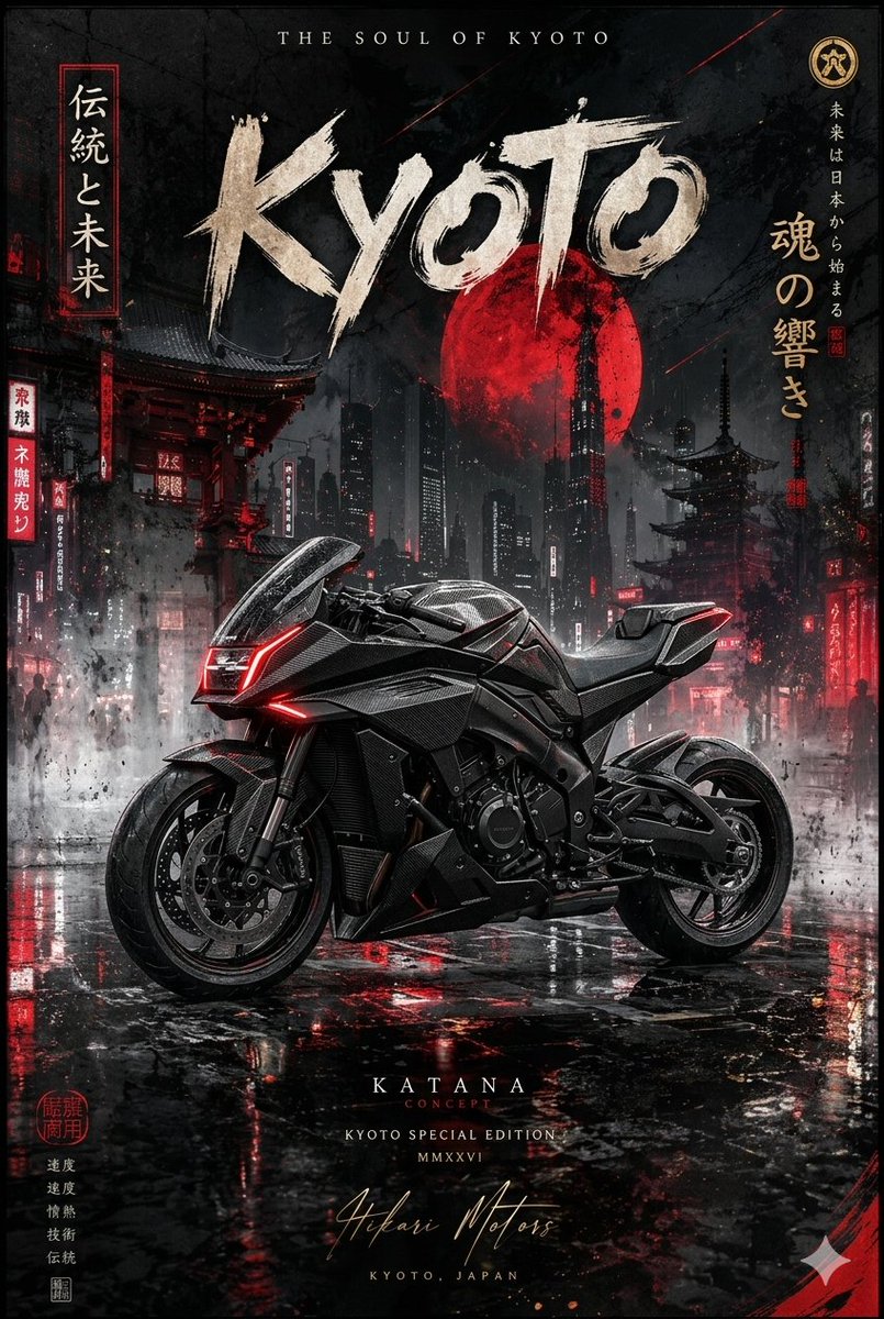 这四幅图像描绘了一辆未来感的碳纤维运动摩托车，背景为夜晚雨后湿漉漉的、霓虹灯闪烁的日本城市景观。该系列以垂直海报的形式展示一款"Shinobi Concept"（忍者概念）摩托车…