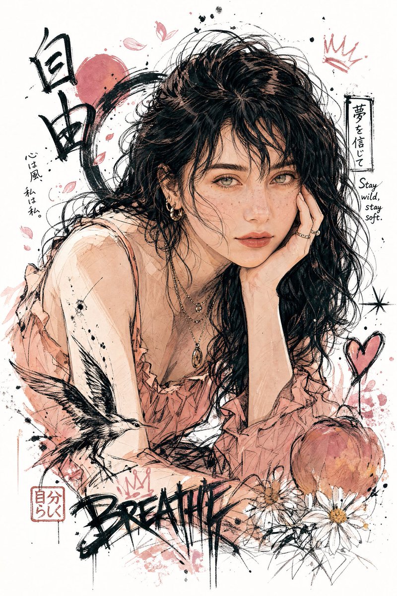 生成一幅你想象中"我"的插画。特征包括日式插画风格、鲜明的角色特征、自然的情感表达、半身构图、动态姿势、精致的服装细节、手绘涂鸦风格、墨水飞溅笔触、自由流畅的…