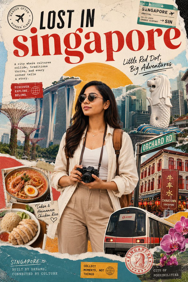 为[country]创作一张风格化的旅行海报 / 图形拼贴作品。主体应是一位时尚的国际游客，正在[country]旅行，且明确呈现为旅行者而非当地居民。游客需…