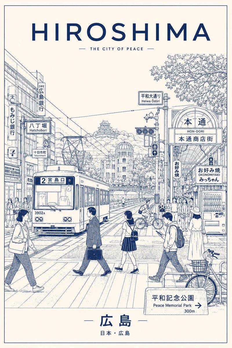 使用 GPT Image 2.0 于 ChatGPT 创建 Prompt（广岛市版）： 为广岛（HIROSHIMA）创作一张极简、超高分辨率的线稿风格旅行海报，将这座城市描绘为时…