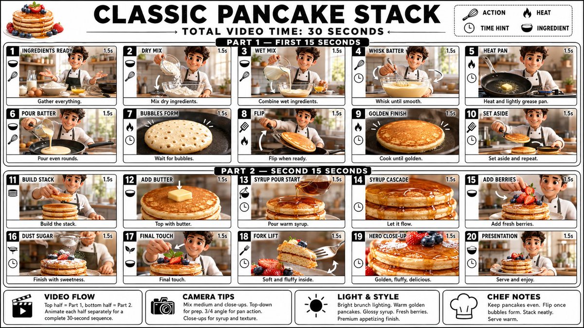 第 2 部分 — Seedance 2.0 提示词 经典煎饼叠 — 后 15 秒 使用附带的 CLASSIC PANCAKE STACK（经典煎饼叠）分镜图作…