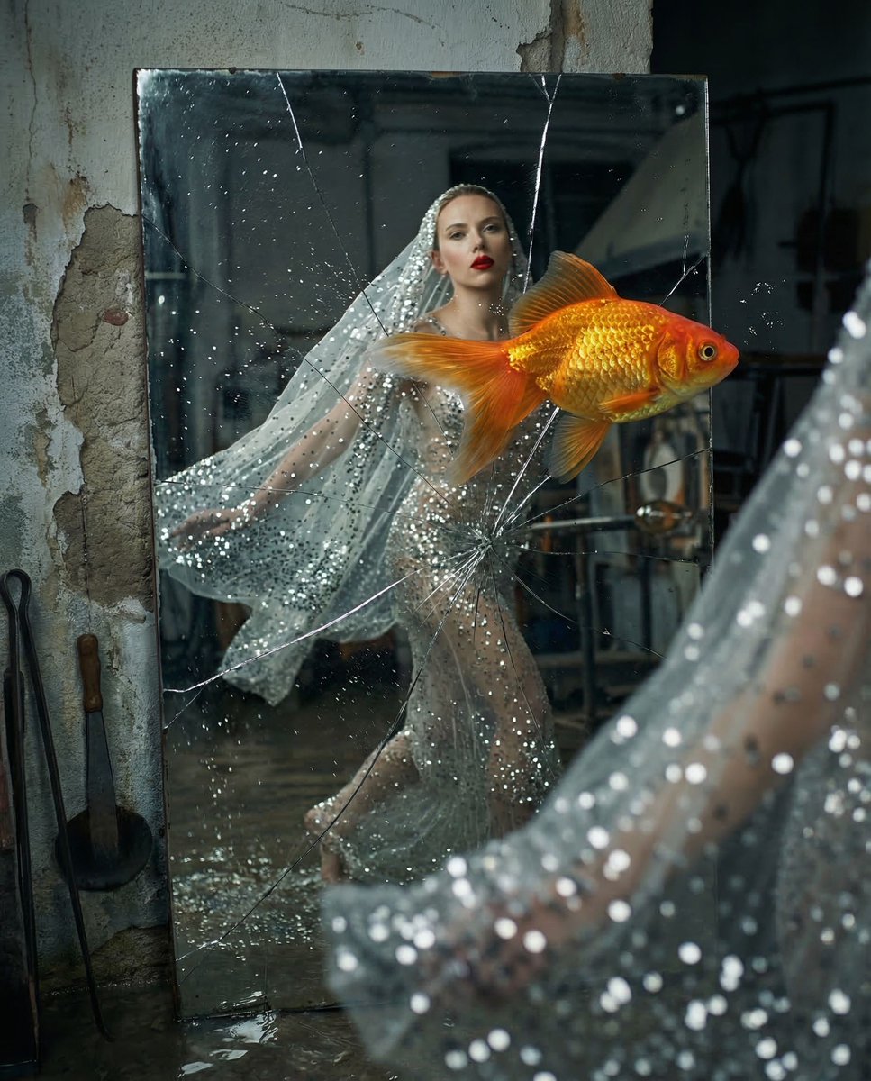 { "vibe_title_en": "Reflected Surrealism", "master_prompt": "一张超写实的超现实主义编辑大片,完全聚焦于一面靠在一间被…
