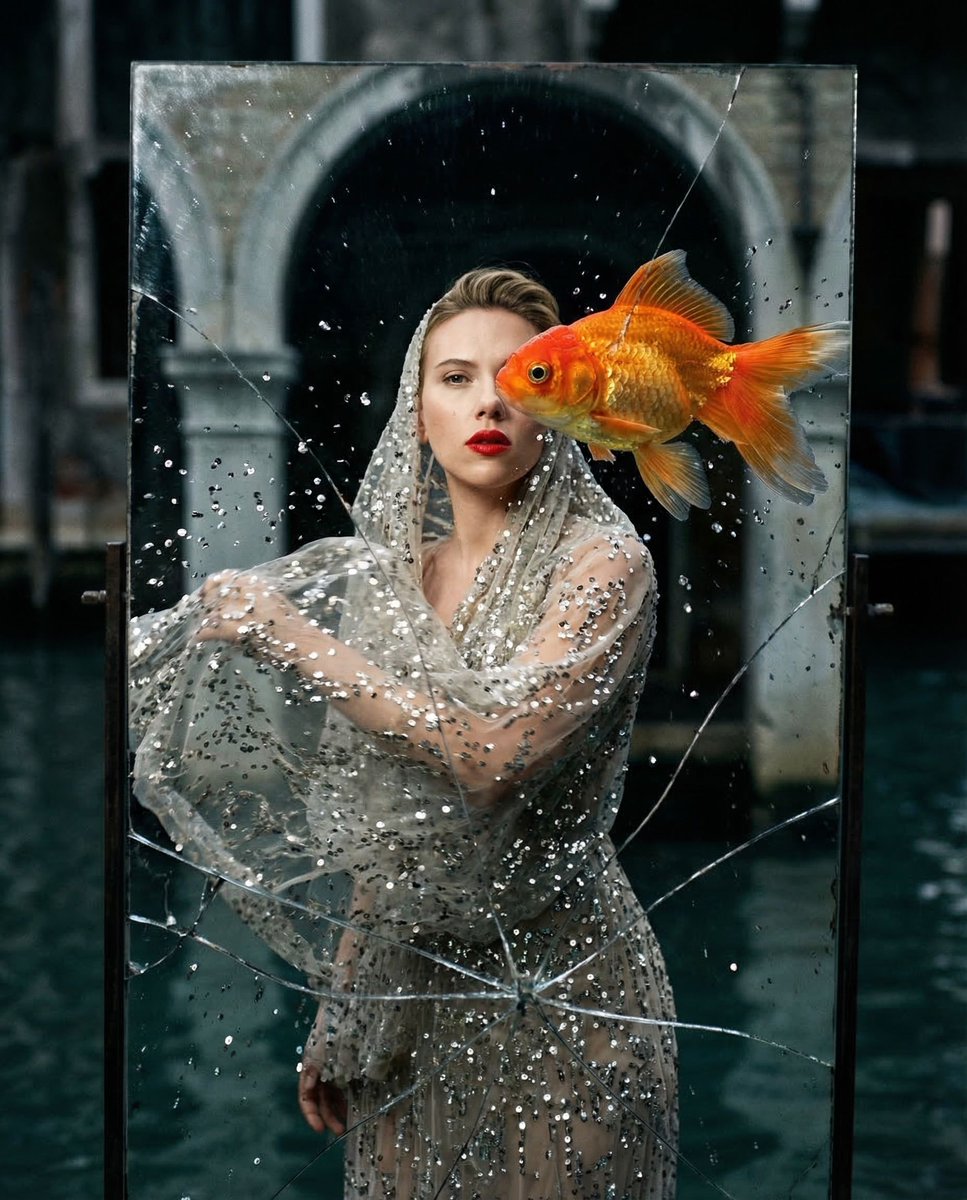 { "vibe_title_en": "Reflected Surrealism", "master_prompt": "一张超写实的超现实主义编辑大片,完全聚焦于一面靠在一间被…