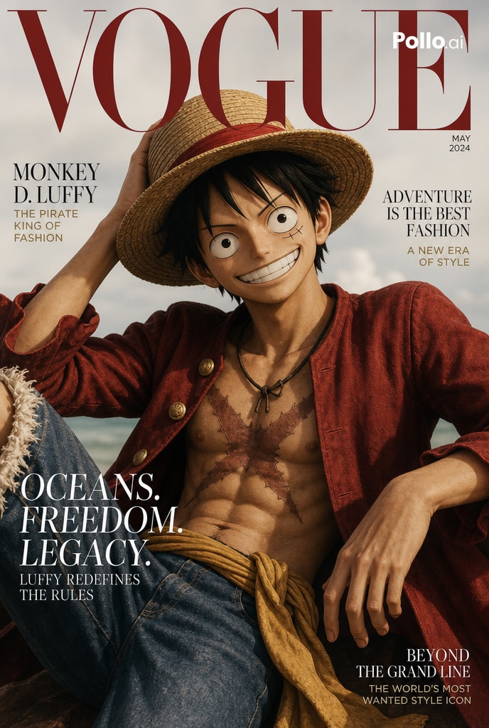 1)《Vogue》杂志封面。路飞目光锐利。 2)《Vogue》杂志封面。悟空变身超级赛亚人 @itsPolloAI #PolloAI #PolloAICPP https://t.…