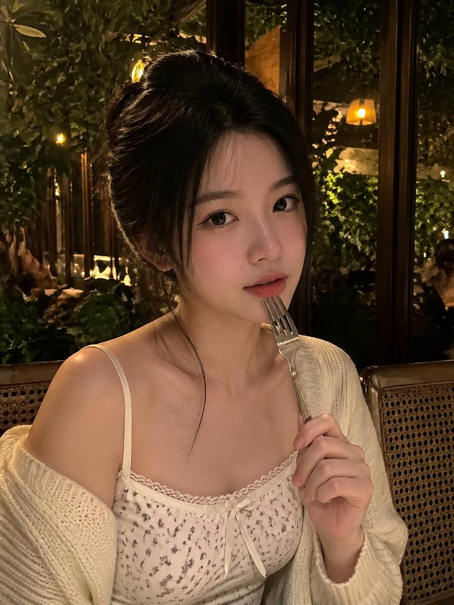 一张写实风格的弱光手机人像照片，主体是一位年轻成年女性，夜晚坐在一家温馨的咖啡馆或餐厅内。近景半身构图，画面比例约为 4:5 或接近正方形。相机举在胸口到脸部之间的高度，从近距离…