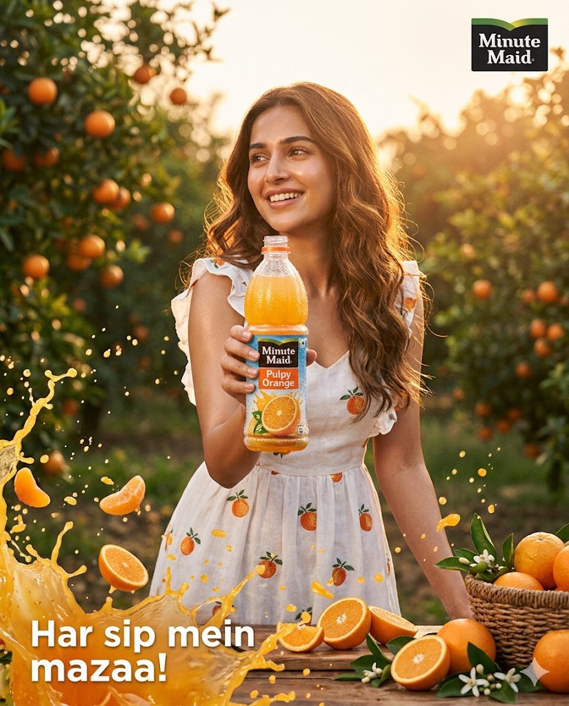超写实高端商业广告，美汁源果粒橙（Minute Maid Pulpy Orange），竖版 4:5 比例，电影级饮品摄影，美丽的年轻女子拥有柔和发光的肌肤和顺滑飘逸的长发，在金色…