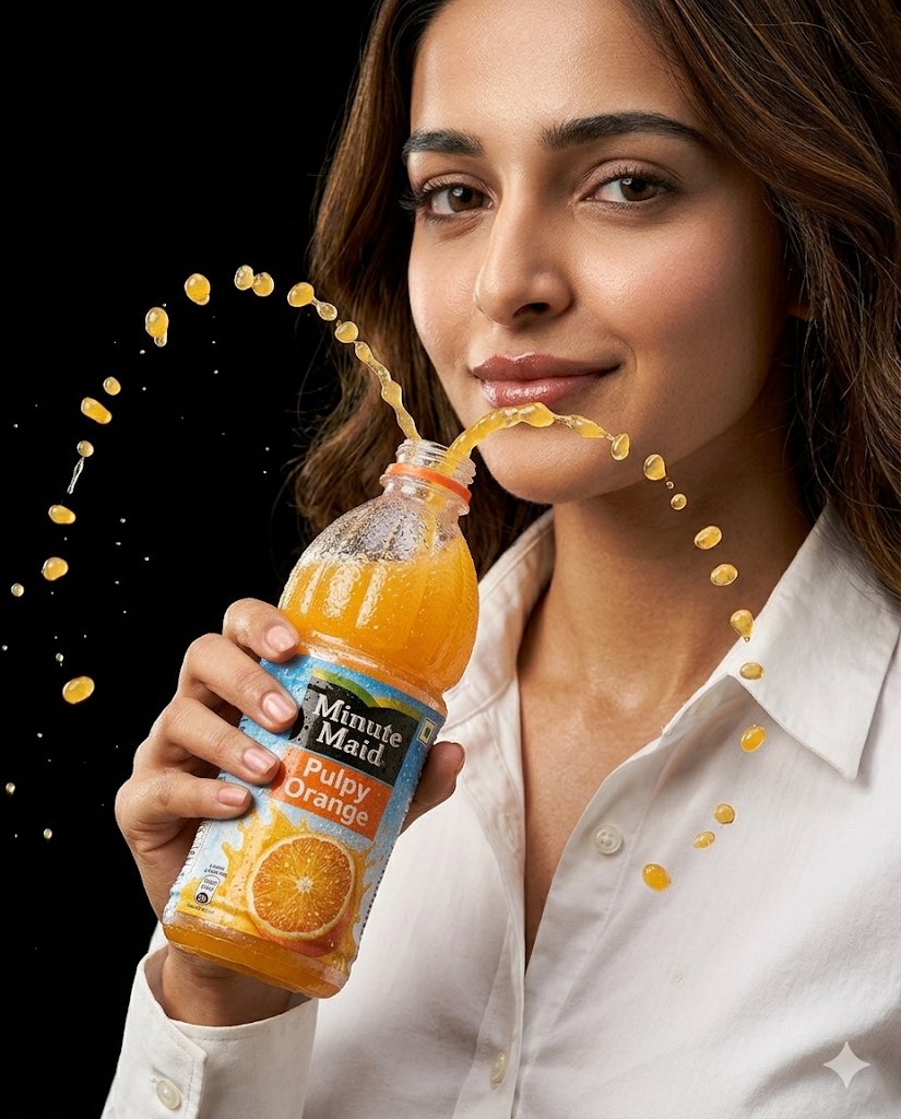 超写实高端商业广告，美汁源果粒橙（Minute Maid Pulpy Orange），竖版 4:5 比例，电影级饮品摄影，美丽的年轻女子拥有柔和发光的肌肤和顺滑飘逸的长发，在金色…