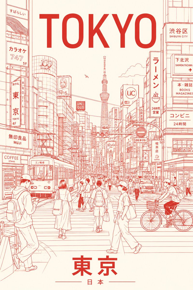 创作一张极简主义、超高分辨率的线条艺术风格东京旅游海报,将东京呈现为一个时尚的日常都市场景,而非明信片式的旅游景点。 主体构图: 中心构图展现东京最具代表性的日常街景——十字路口…