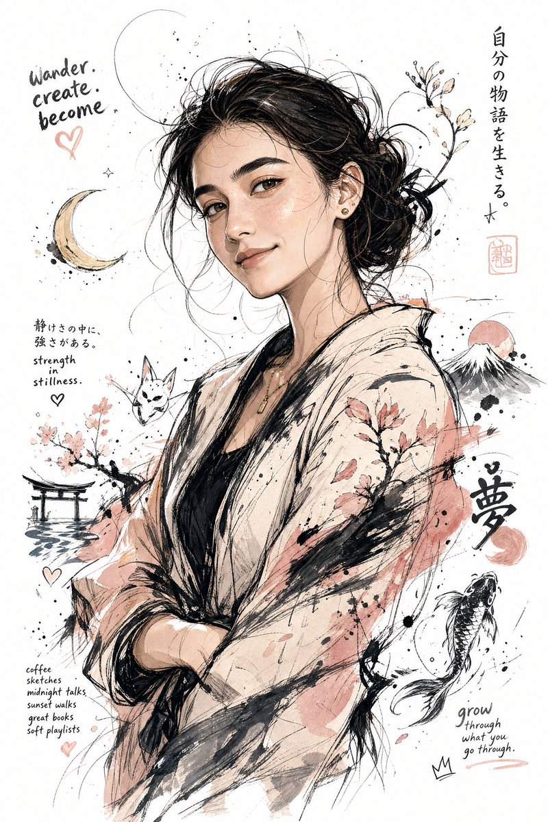 生成一幅你所想象中的“我”的插画。特征包括:日式插画风格、鲜明的角色特征、自然的情感表达、半身构图、富有动感的姿势、精致的服装细节、手绘涂鸦风格、墨水飞溅笔触…