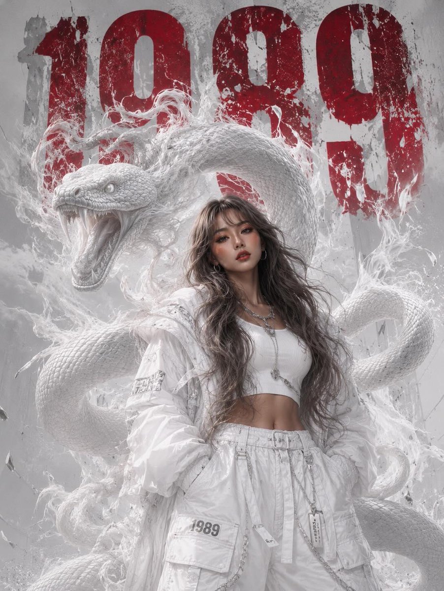 超现实高级时装编辑人像肖像,一位美丽的年轻亚裔女性自信地站立在单色白色城市环境中,身穿现代奢华白色街头时装。超大号白色飞行员夹克,修身白色短款上衣,叠穿白色工装裤搭配金属链条,白…