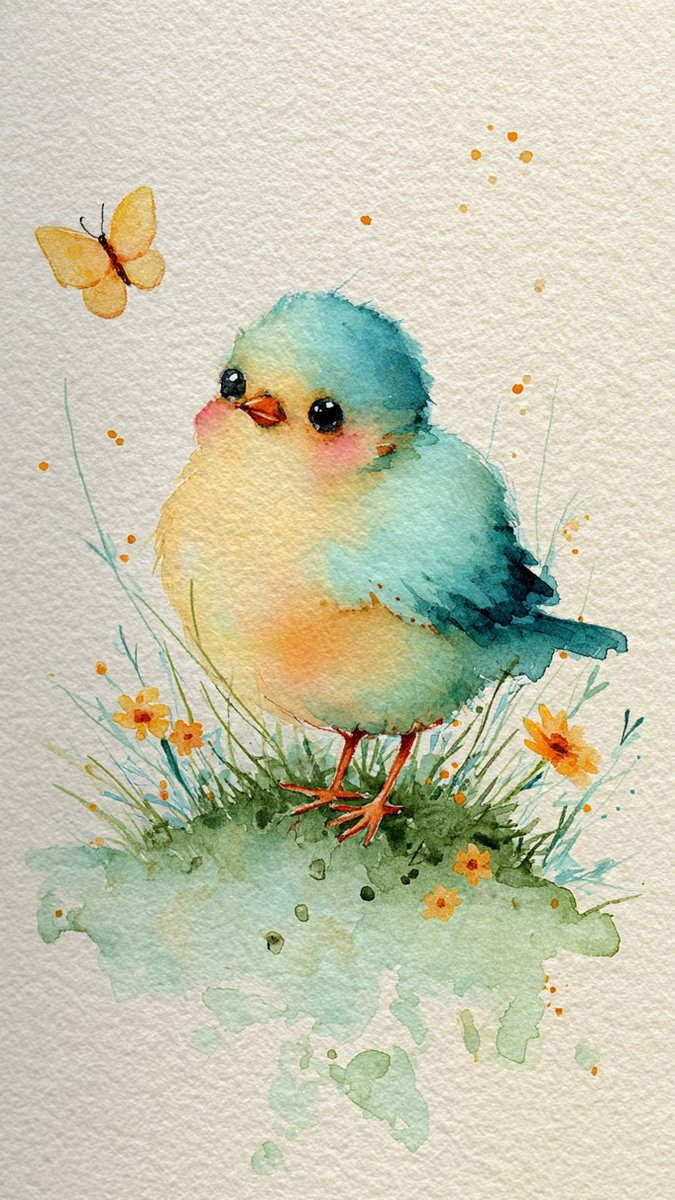 一幅迷人、异想天开的水彩插画,画中是一只圆滚滚、毛茸茸的雏鸟,长着大大的、富有表现力的眼睛和红润的脸颊。作品以柔和的晕染色彩和细腻的飞溅点缀为特色,背景是带有纹理的纸张,营造出温…
