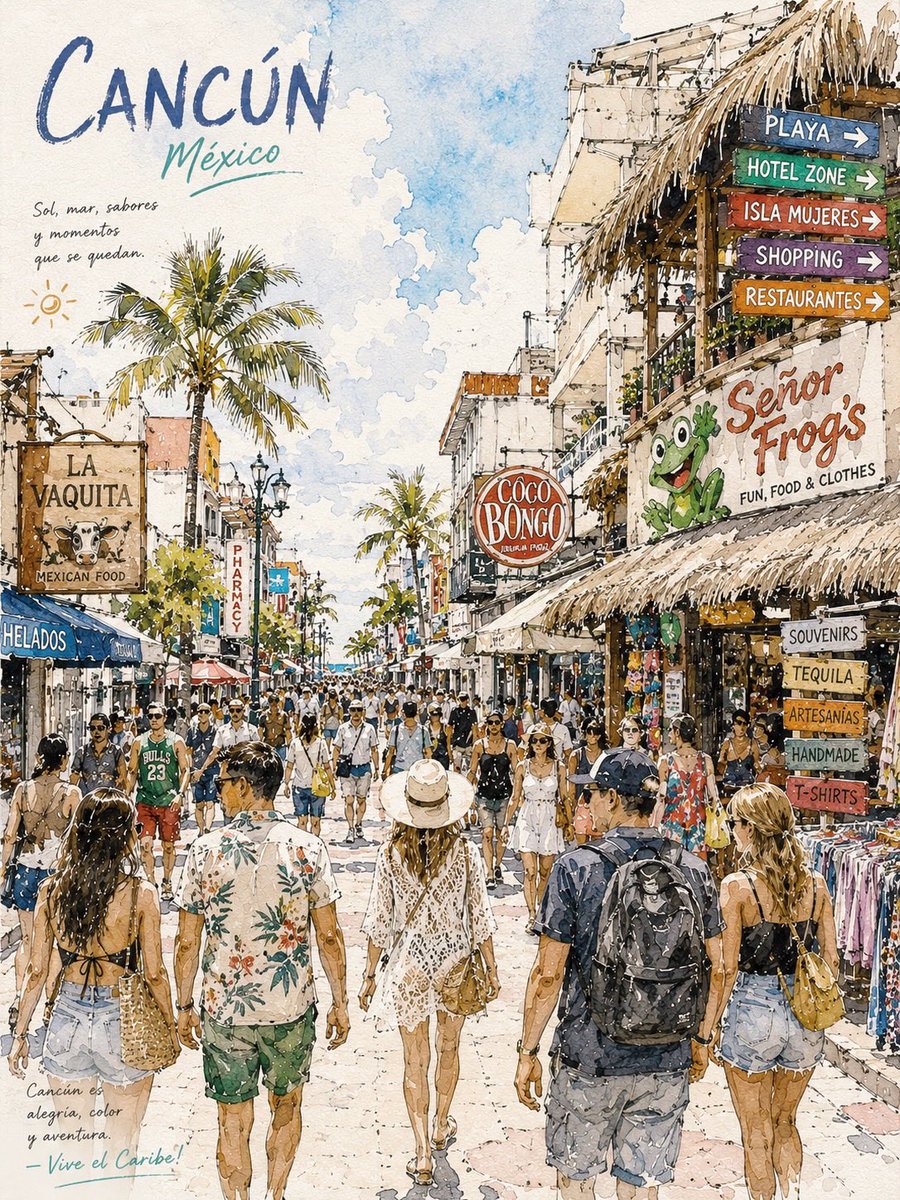(城市名称)酒店区繁忙热带街景的水彩旅行海报插画，晴朗加勒比氛围，游客穿行于色彩缤纷的集市街道，道路两旁棕榈树成荫，茅草屋顶商铺，鲜艳手绘招牌，“ Señor Frog’s”、“…