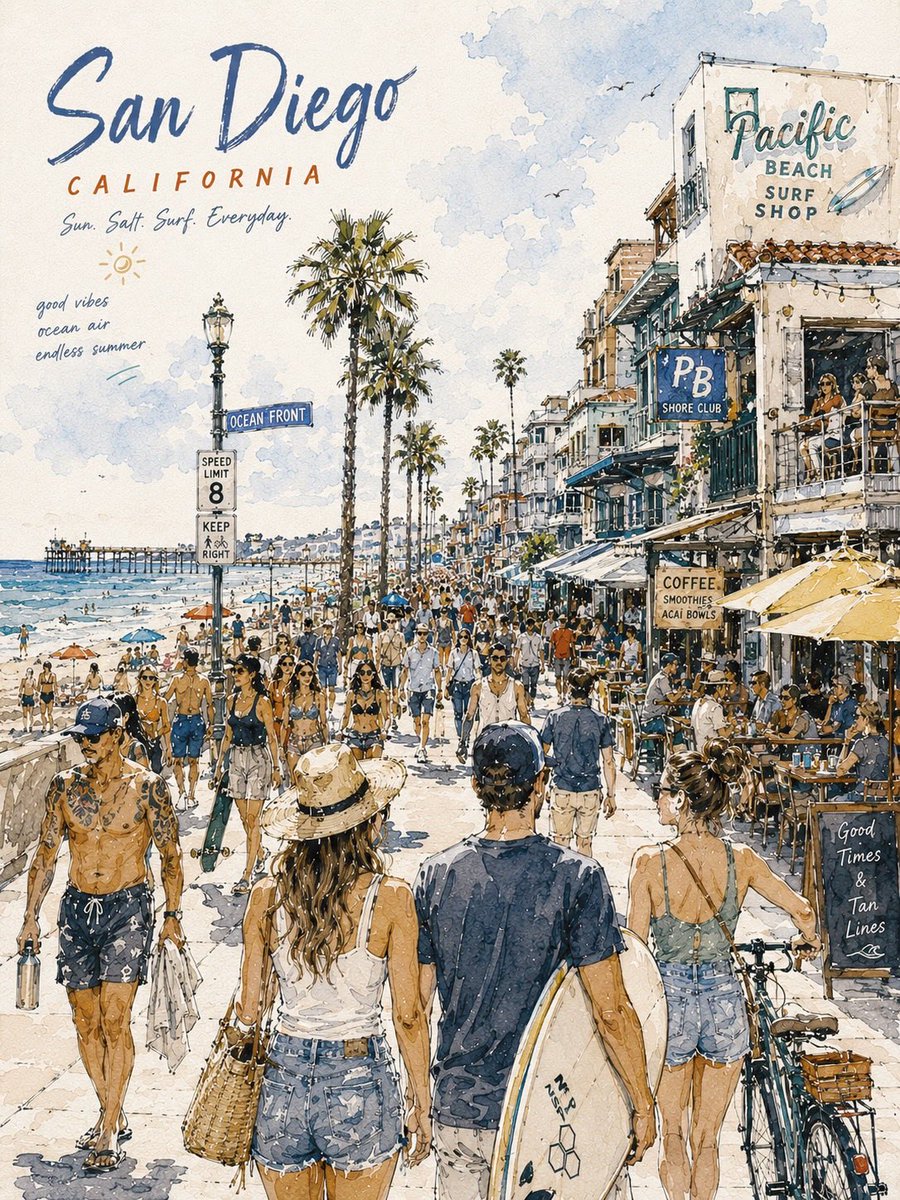 (城市名称)酒店区繁忙热带街景的水彩旅行海报插画，晴朗加勒比氛围，游客穿行于色彩缤纷的集市街道，道路两旁棕榈树成荫，茅草屋顶商铺，鲜艳手绘招牌，“ Señor Frog’s”、“…