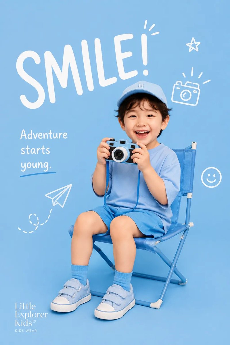 为 [BRAND NAME] 创作一张高端、俏皮的童装时尚编辑海报。 主题： [KIDS FASHION / CHILDHOOD CAMPAIGN]（童装时尚 / 童年主题活动）…
