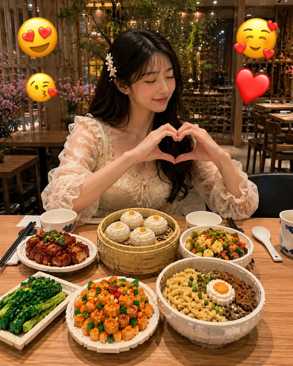 只将图片中的食物转变为迷你乐高风格的微缩雕塑，同时保持其他所有内容完全不变且真实。精确保留原始构图、光线、相机角度、透视、背景、手部、桌子、人物、餐具以及环境。 只将图片中的食物…