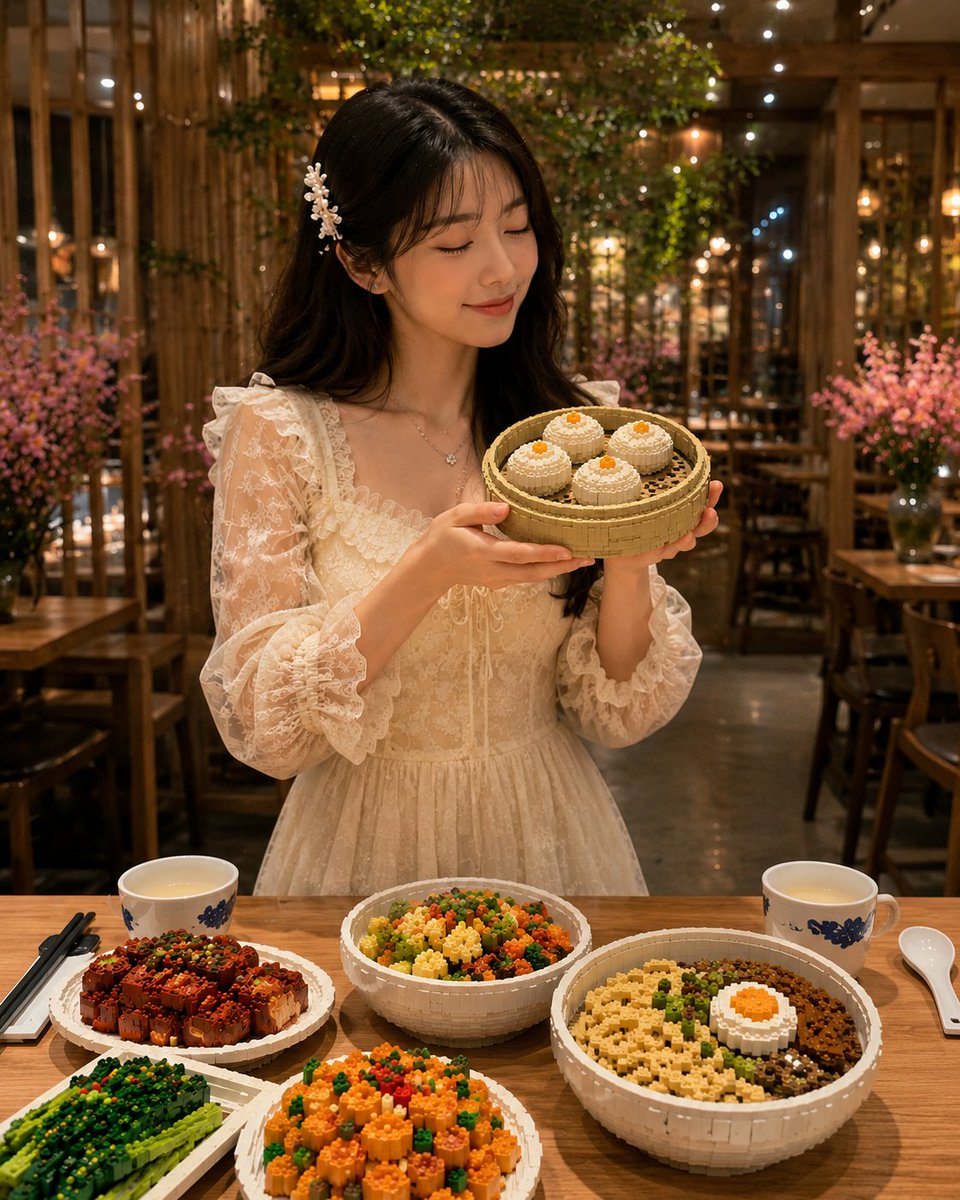 只将图片中的食物转变为迷你乐高风格的微缩雕塑，同时保持其他所有内容完全不变且真实。精确保留原始构图、光线、相机角度、透视、背景、手部、桌子、人物、餐具以及环境。 只将图片中的食物…