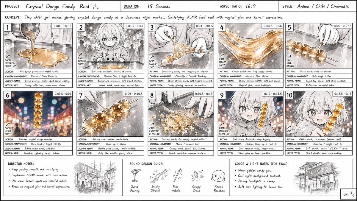 本视频的故事板表格，使用 GPT image 2 创建 专业的动漫故事板表格，适用于 15 秒电影感美食短片，分镜画面展示一位有着银色短发和发光紫色眼睛的小小 Q 版动漫女孩，穿…