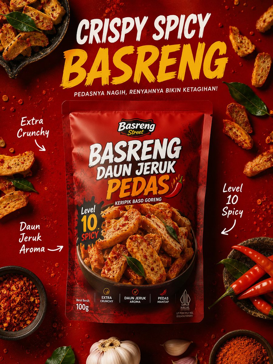 超写实高端食品广告海报,针对一款辛辣印尼basreng(炸肉丸)零食品牌,居中放置哑光袋装包装,标签为“Basreng Daun Jeruk Pedas”(香柠叶辣味basren…