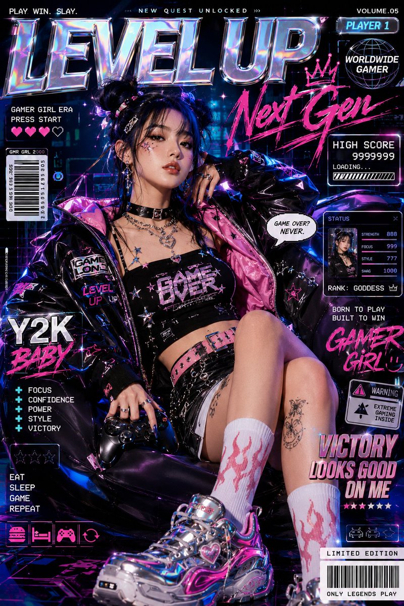 Y2K 游戏女王 时尚大片 风格：Y2K 波普艺术、奢华时尚大片、赛博游戏美学、电竞品牌、青少年杂志拼贴。 情绪基调：大胆、时髦、怀旧、超现实、充满活力、奢华…