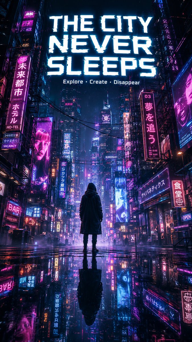 一张令人叹为观止的赛博朋克城市竖版海报，浸透着霓虹氛围，戏剧性的低角度街道视角，透过狭窄的、被雨水浸透的未来主义小巷向上仰望，两侧高耸入云的巨型摩天大楼完全被…