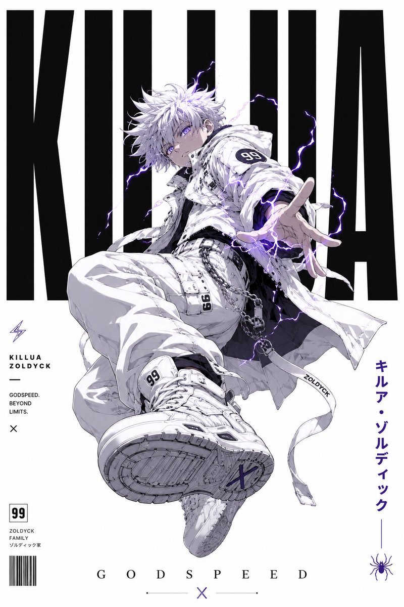 一张极简、高端的平面设计海报，描绘处于觉醒神速（Godspeed）强大状态下的奇犽·揍敌客（Killua Zoldyck）。背景为清晰、纯正的纯白色，具有强烈…