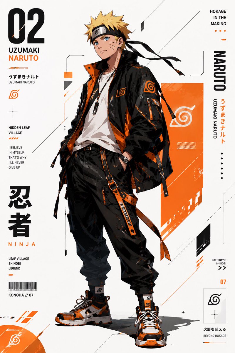 . 创建一个高级动漫机能风(anime-techwear)编辑风格海报系列,以来自 {franchise} 的 {character_name} 为主题,将其重新设计为未来主义街…