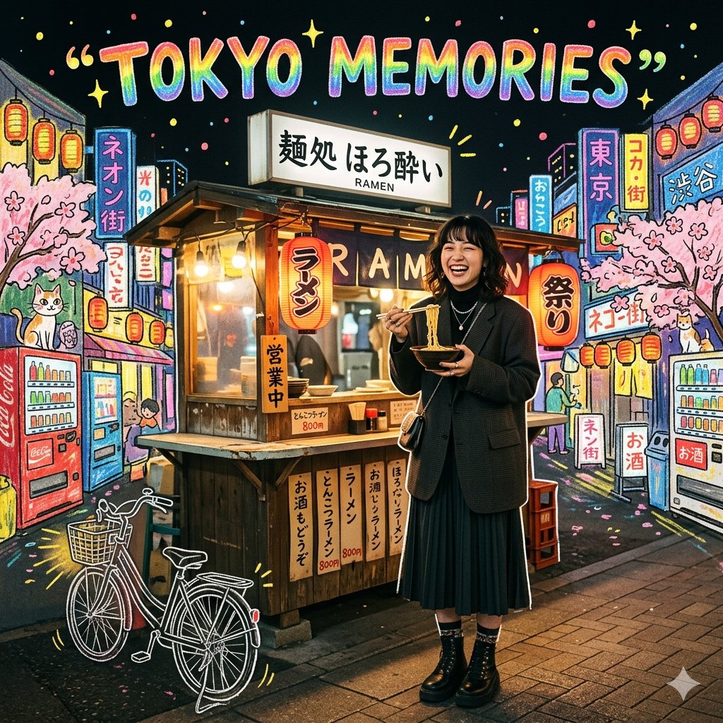 东京拉面之夜” 一位时尚的日本时尚女孩，穿着时髦的 oversized 西装外套和百褶裙，夜晚站在东京一个小型拉面摊前，手持筷子开怀大笑。背景是色彩缤纷、充满…