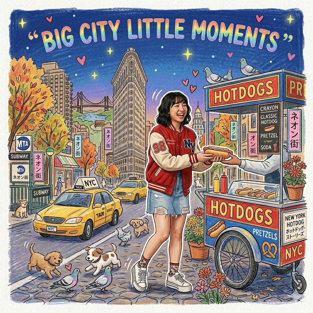 东京拉面之夜” 一位时尚的日本时尚女孩,穿着时髦的 oversized 西装外套和百褶裙,夜晚站在东京一个小型拉面摊前,手持筷子开怀大笑。背景是色彩缤纷、充满童趣的蜡笔画风格东京…