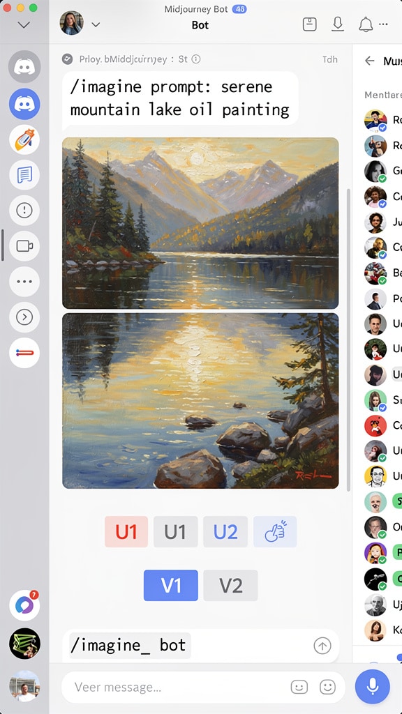 '宁静的山水湖泊，油画，黄金时刻'。它会生成四个变体。通过 U1-U4 按钮进行放大，通过 V1-V4 进行变化。使用 --ar 16:9 调整为宽屏，--v…