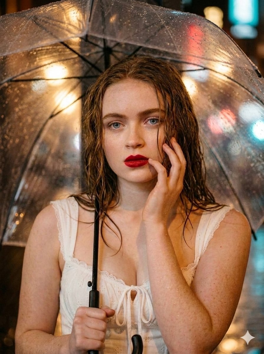 "一张超写实、照片级真实感的中景人物肖像，主体为 'Sadie Sink '，场景设定在雨后夜晚的都市街头。她拥有曲线优美、健康匀称的身材，造型上以略带凌乱、湿润质感的头发为主…