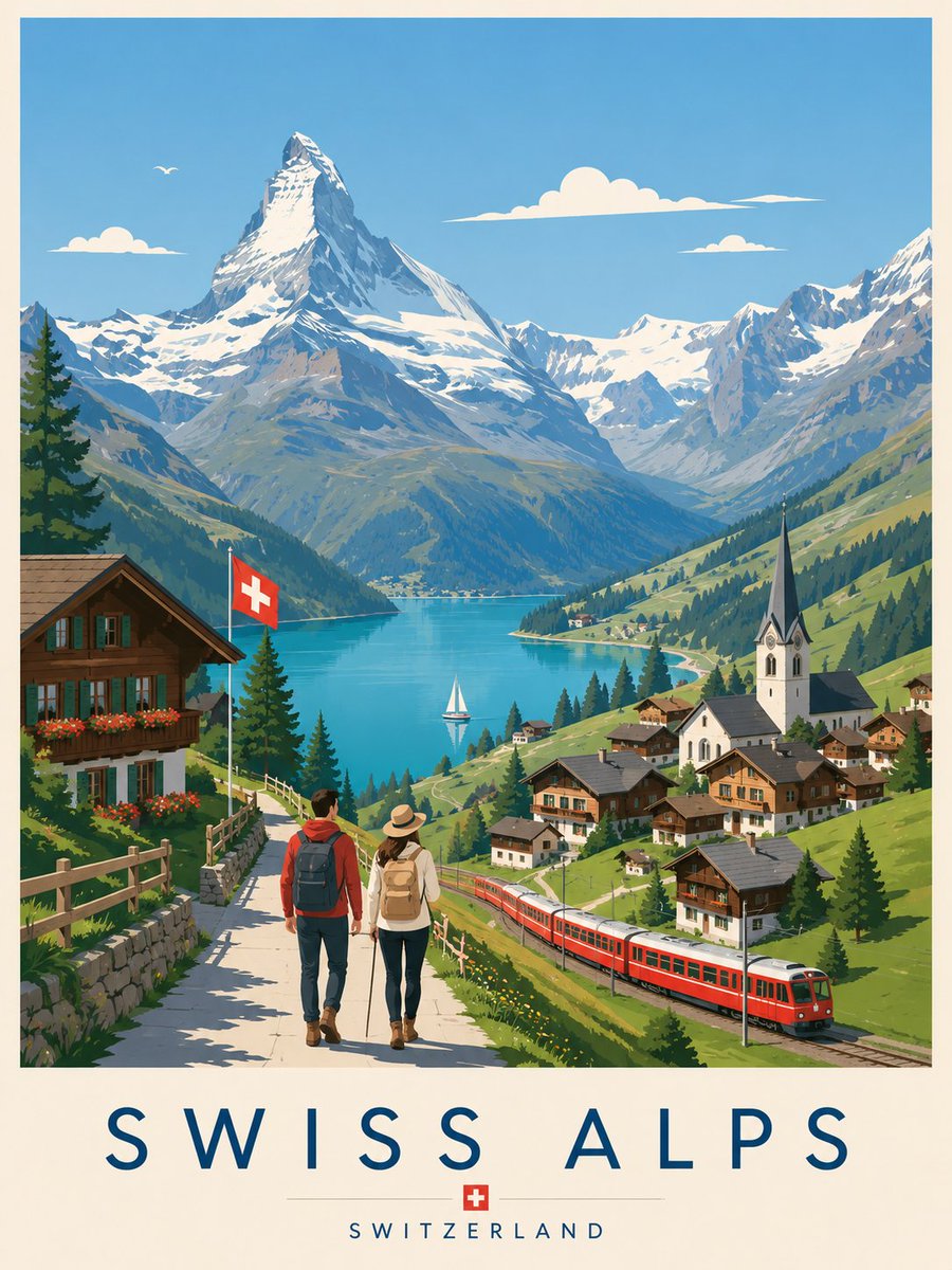 创作一幅关于希腊圣托里尼的高端编辑级旅行海报插画。风格:扁平矢量插画,极致简约,中世纪现代美学,受斯堪的纳维亚平面设计与复古地中海旅游版画启发的编辑级旅行海报风格,无照片写实,无…