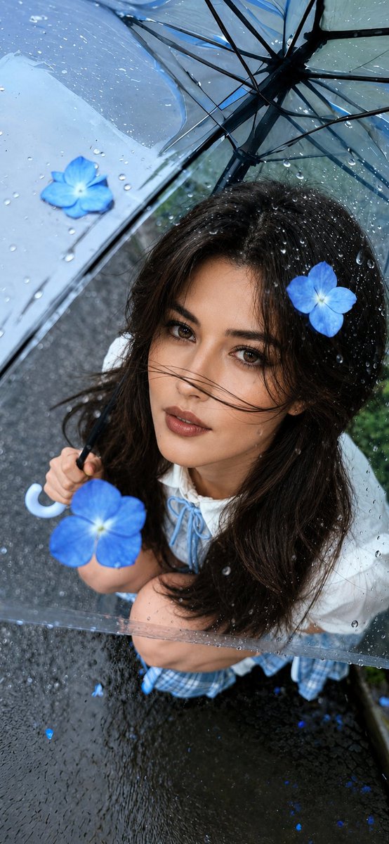 超写实电影感雨中人像摄影：一位美丽的年轻女子坐在潮湿的街道上，撑着一把透明雨伞，以柔和而充满情感的眼神直视镜头，略带凌乱的深棕色齐肩短发随风拂过面庞，妆容自然光泽，肌肤白皙细腻…
