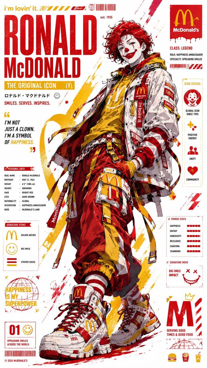 超精细动漫品牌吉祥物海报，灵感源自标志性快餐品牌的全身角色重塑，赛博街头服饰风格，超大机能风夹克，层叠肩带，多功能腰带，工装裤，联名运动鞋，链条，徽章，吉祥物主题配饰，动感自信的…
