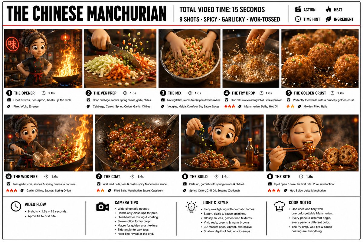 超详细信息图故事板海报——《THE CHINESE MANCHURIAN（中式满洲里球）》，电影级 16:9 构图，纯净白色背景，纤细黑色边框，加粗黑色字体，高端美食商业设计风格…
