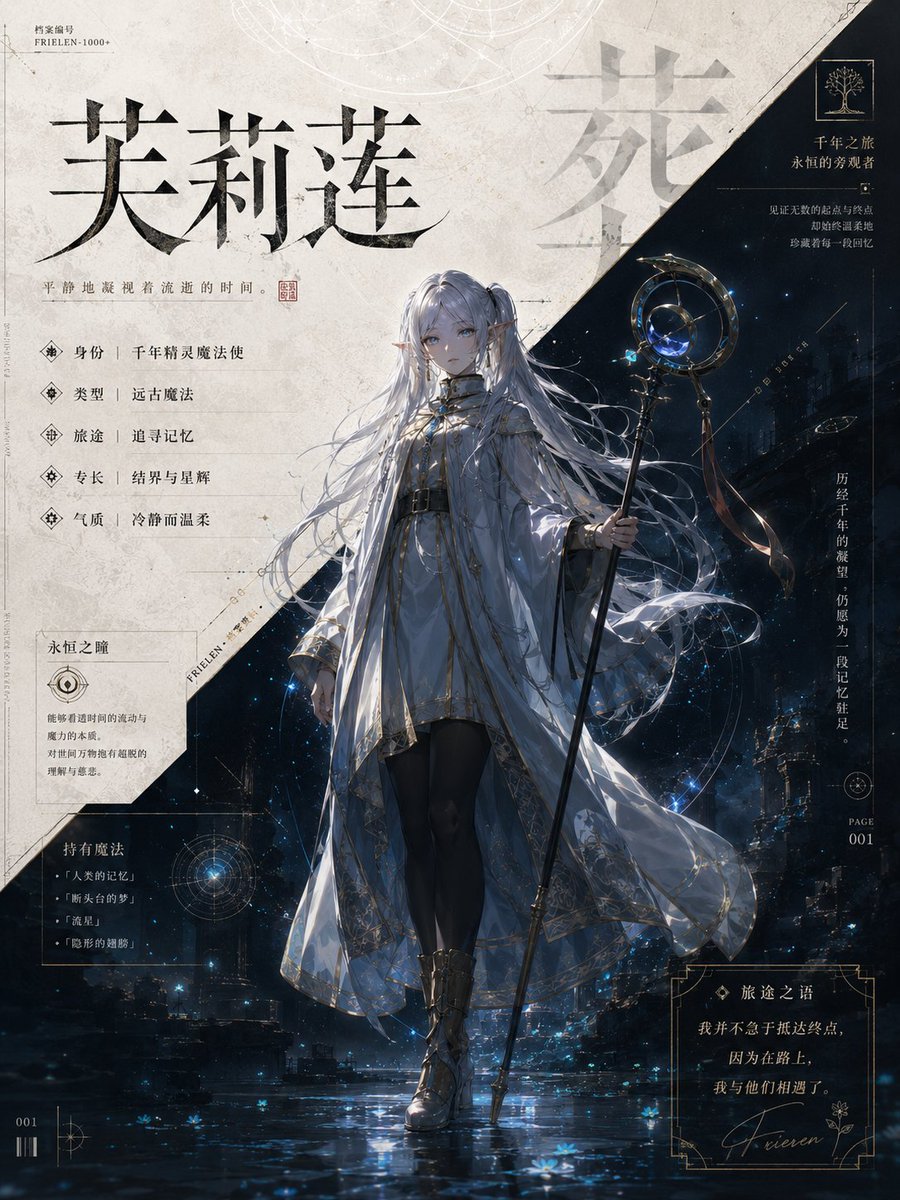 创建一张完整呈现的「角色世界观档案卡」。 [基础设定] 登场角色：[角色名称] 来源作品：[作品名称] 角色定位：[主角 / 反派 / 导师 / 战士 / 法师 / 忍者 / 调…