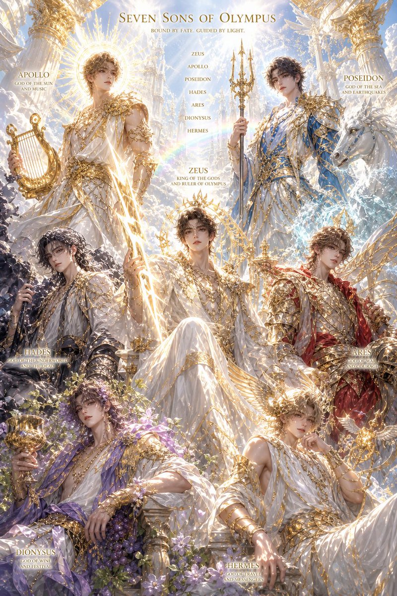 (แนว Midjourney / SDXL) Epic cinematic fantasy poster of the Seven Sons of Olympus, divin…