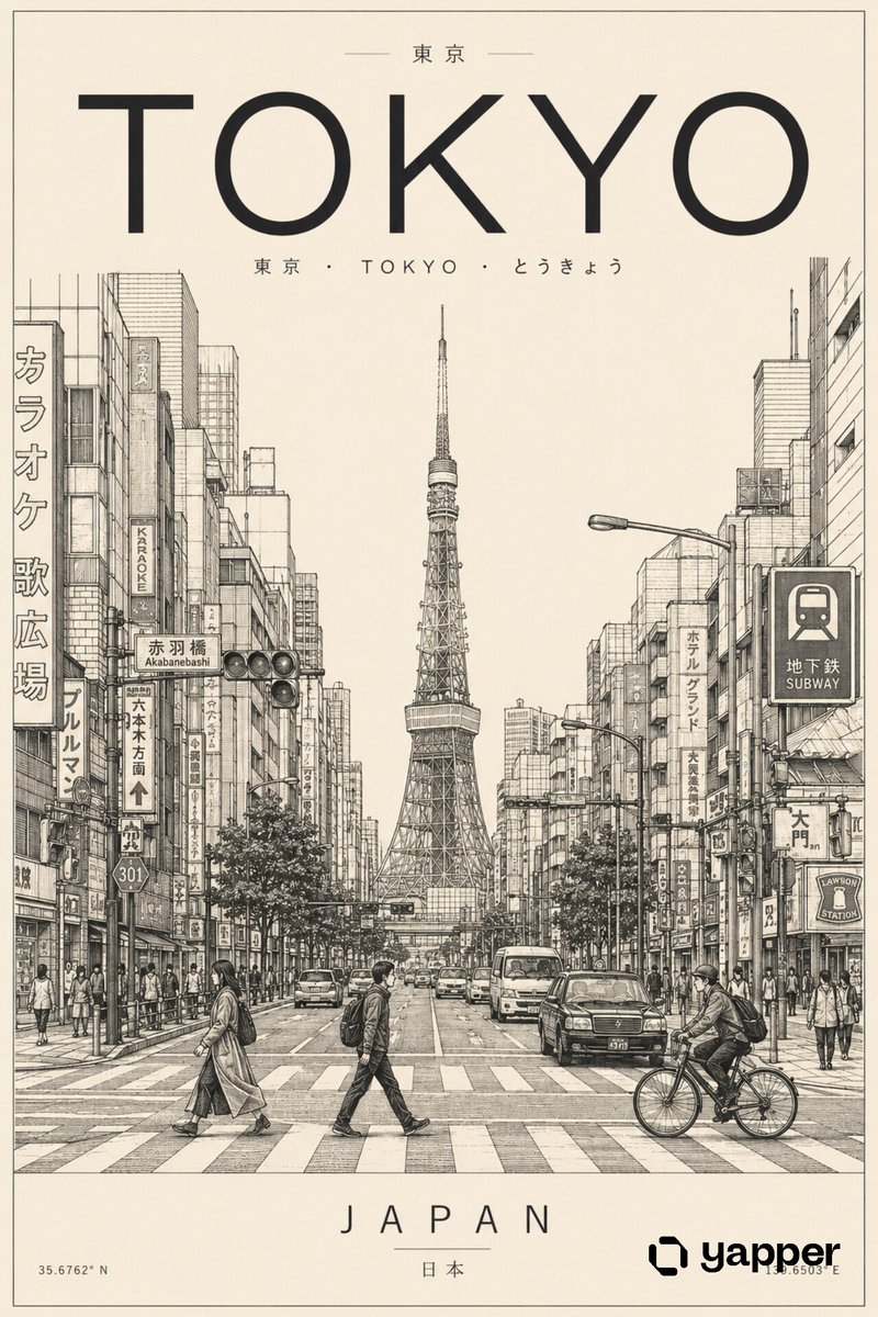 日本东京的竖版旅行海报线性插画,以极简建筑墨水风格绘制,线条超干净,采用深褐到黑色的单色调配色,搭配柔和的米白色纹理纸张背景。 构图严格对称:东京塔精准地居于画面正中央的远景位置…