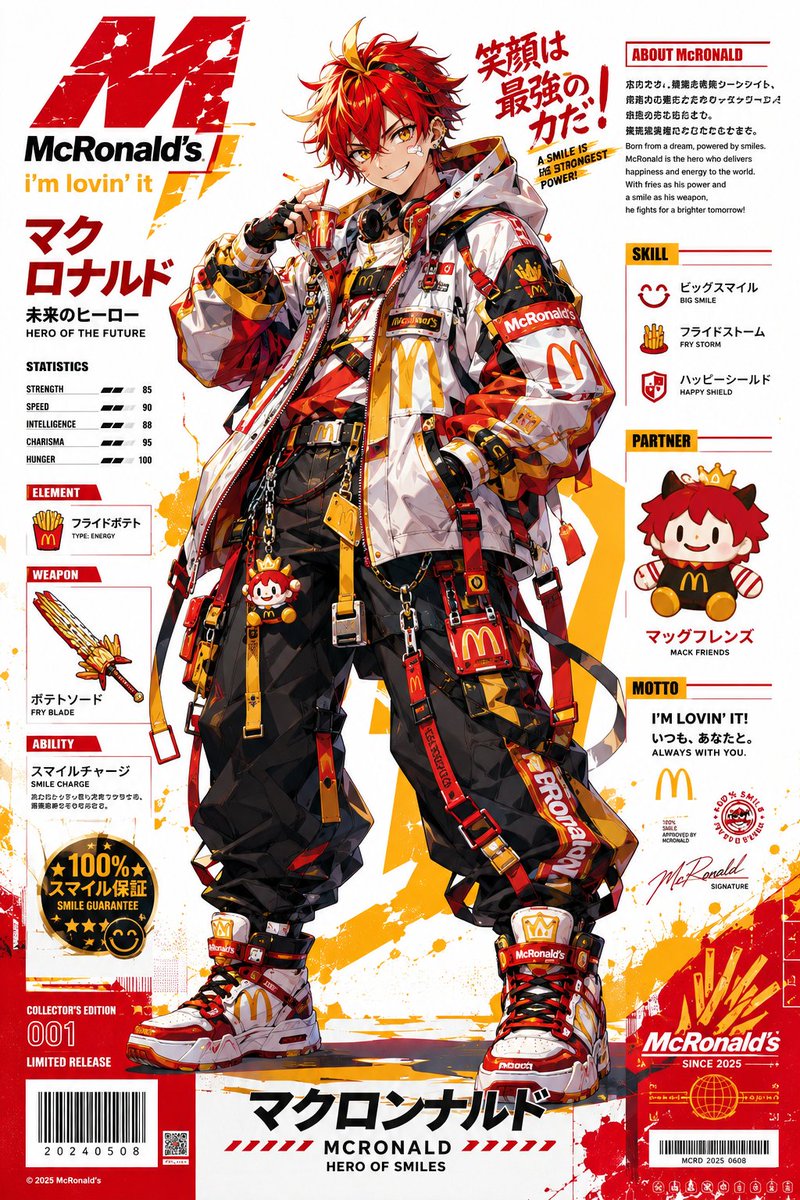 超精细动漫品牌吉祥物海报,受标志性快餐品牌启发的全身角色重塑,赛博街头服饰风格,超大号机能风夹克,多层搭扣,实用腰带,工装裤,品牌运动鞋,链饰,徽章,吉祥物主题配饰,动感自信的姿…
