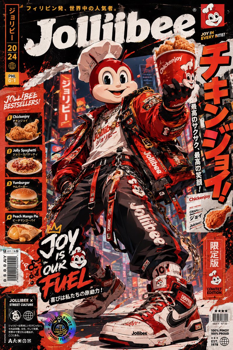 GPT Image 2 on ChatGPT 提示语; 高度风格化的动漫风格宣传海报,以全新演绎的快餐吉祥物角色为主角,采用大胆的全身动作姿势,以高级漫画级别的细节和现代街头时尚…