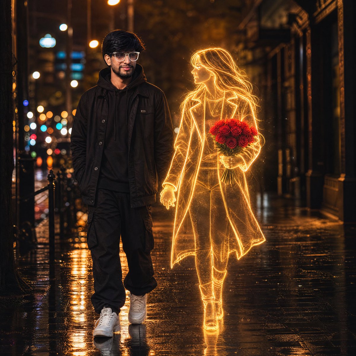 { "prompt": "电影奇幻现实主义夜景:一位年轻男子(与上传图片中的人物相同)与一位散发着光芒的全息女子手牵手走在雨后的湿漉城市街道上。男子形象写实,身穿全黑叠层服饰——…