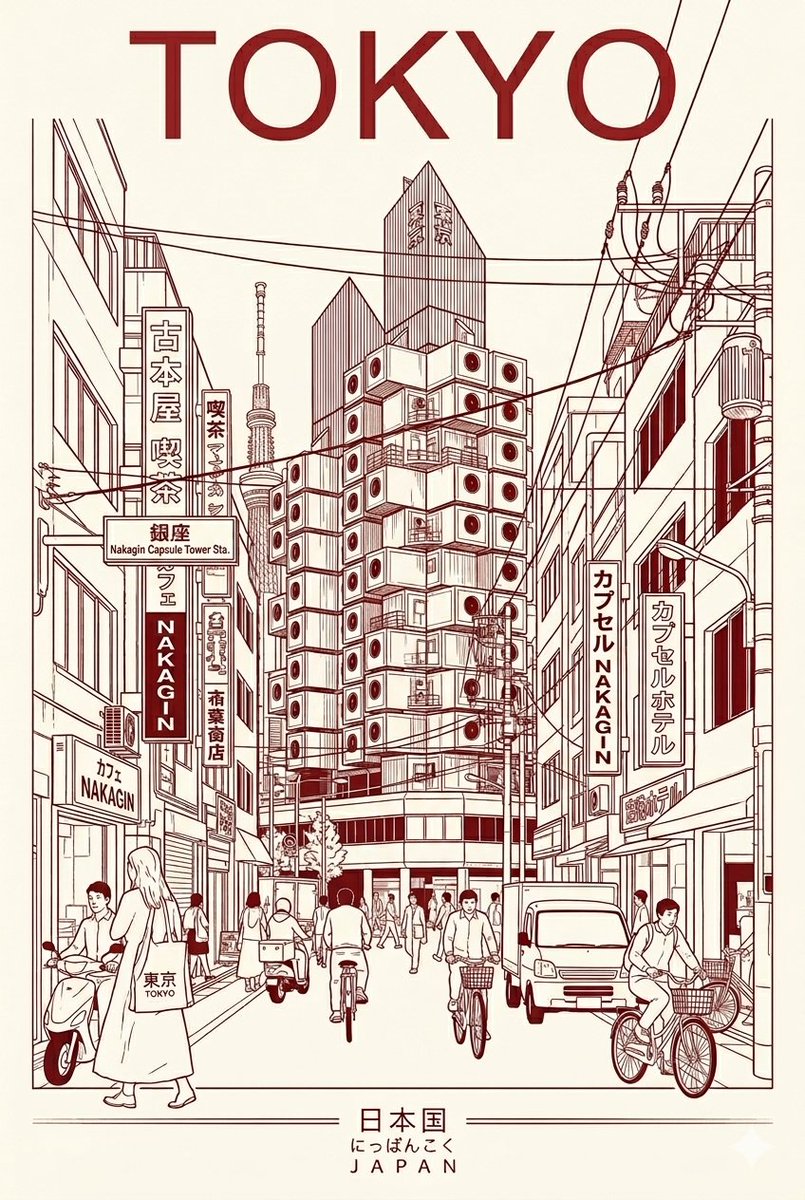 一种极简主义、双色调的旅行海报美学风格,以简洁的线条艺术和建筑融合为特色,灵感来源于这些图片的风格。设计重点呈现热闹的城市街景,其中行人、自行车骑行者穿梭其间,使用有限的色彩搭配…