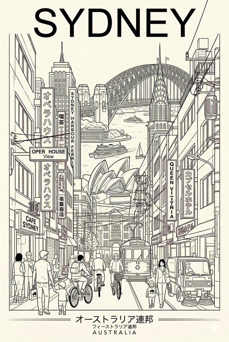 一种极简主义、双色调的旅行海报美学风格,以简洁的线条艺术和建筑融合为特色,灵感来源于这些图片的风格。设计重点呈现热闹的城市街景,其中行人、自行车骑行者穿梭其间,使用有限的色彩搭配…