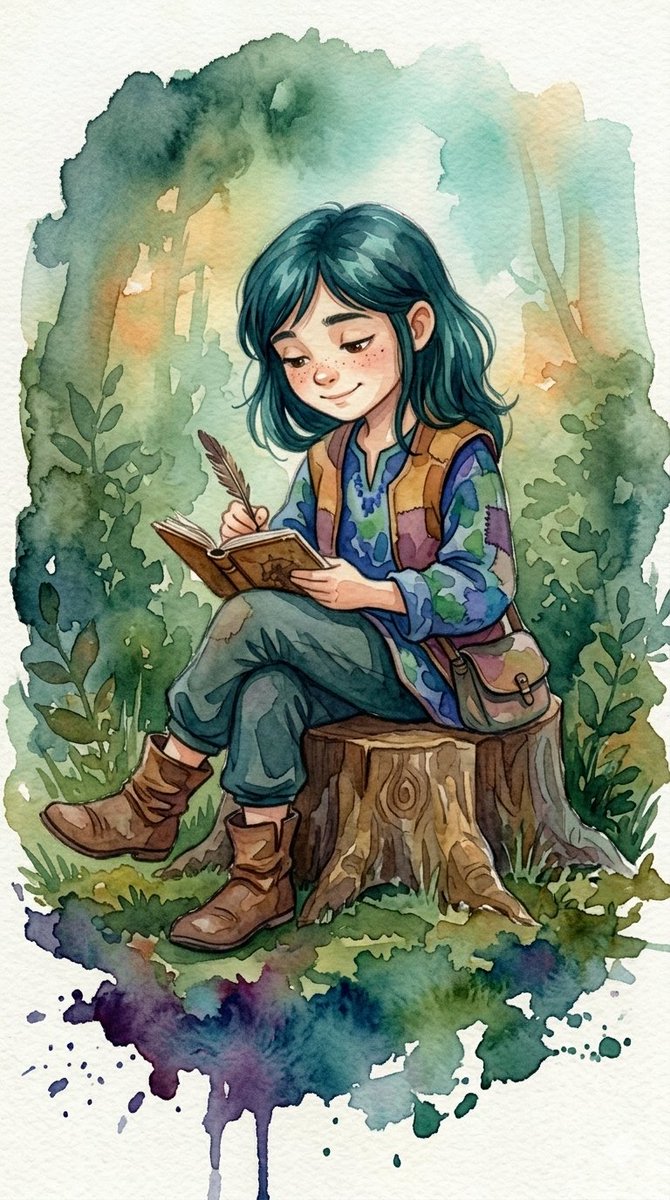 一组充满奇趣的水彩插画，描绘了身处郁郁葱葱林地中的年幼、脸上有雀斑、眼神灵动的孩子们。风格采用鲜艳、晕染的水彩铺色、柔和的墨线勾勒，营造出梦幻般的氛围。关键场景包括：一位身穿彩色…