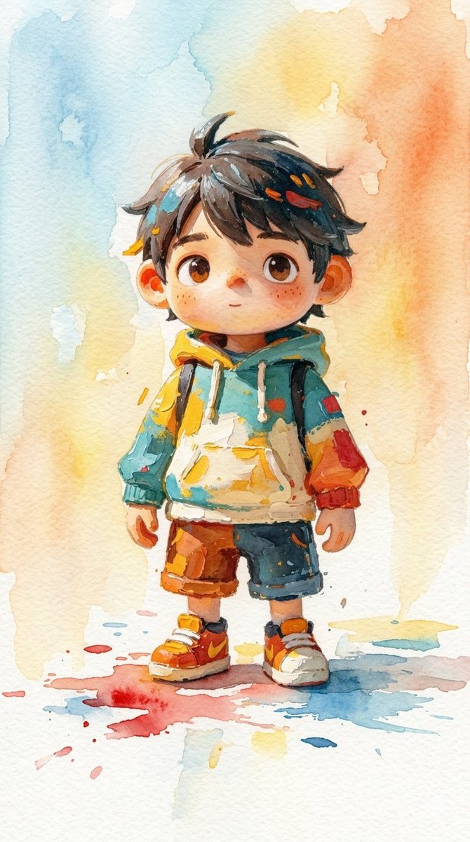 一组充满奇趣的水彩插画，描绘了身处郁郁葱葱林地中的年幼、脸上有雀斑、眼神灵动的孩子们。风格采用鲜艳、晕染的水彩铺色、柔和的墨线勾勒，营造出梦幻般的氛围。关键场景包括：一位身穿彩色…