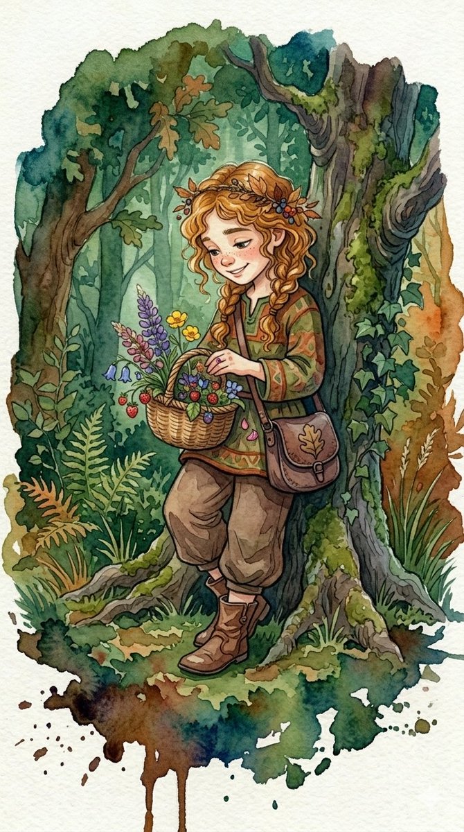 一组充满奇趣的水彩插画，描绘了身处郁郁葱葱林地中的年幼、脸上有雀斑、眼神灵动的孩子们。风格采用鲜艳、晕染的水彩铺色、柔和的墨线勾勒，营造出梦幻般的氛围。关键场景包括：一位身穿彩色…