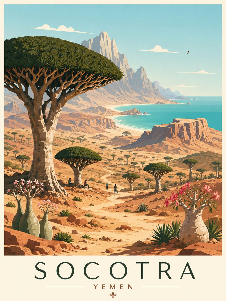 创作一张也门索科特拉岛的精品编辑风格旅行海报插画。 风格：扁平矢量插画，超级洁净极简，中世纪现代美学，受斯堪的纳维亚平面设计与复古阿拉伯旅游版画启发的编辑式旅…