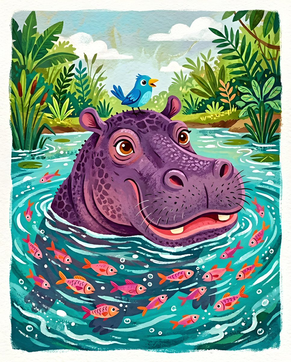 一幅充满奇趣的插画描绘了一只体型巨大的紫色河马,半个身体浸没在青绿色的水中。河马的头部和口鼻部分十分醒目,长着一双大而富有表现力的眼睛和一张宽阔的粉色嘴巴。一只蓝色的小鸟栖息在河…
